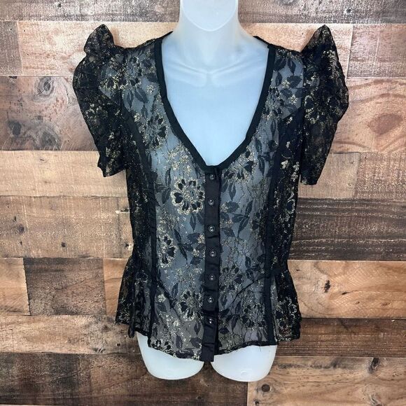 Charlotte Russe Lace Top Sheer Black Mesh Gold Thread Puff Sleeves Medium - Picture 12 of 15